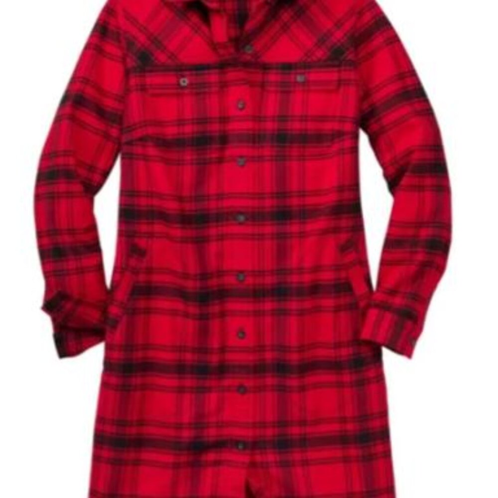 Duluth Trading Co. Folklore Flannel Duster, red & dark navy plaid, large, EUC